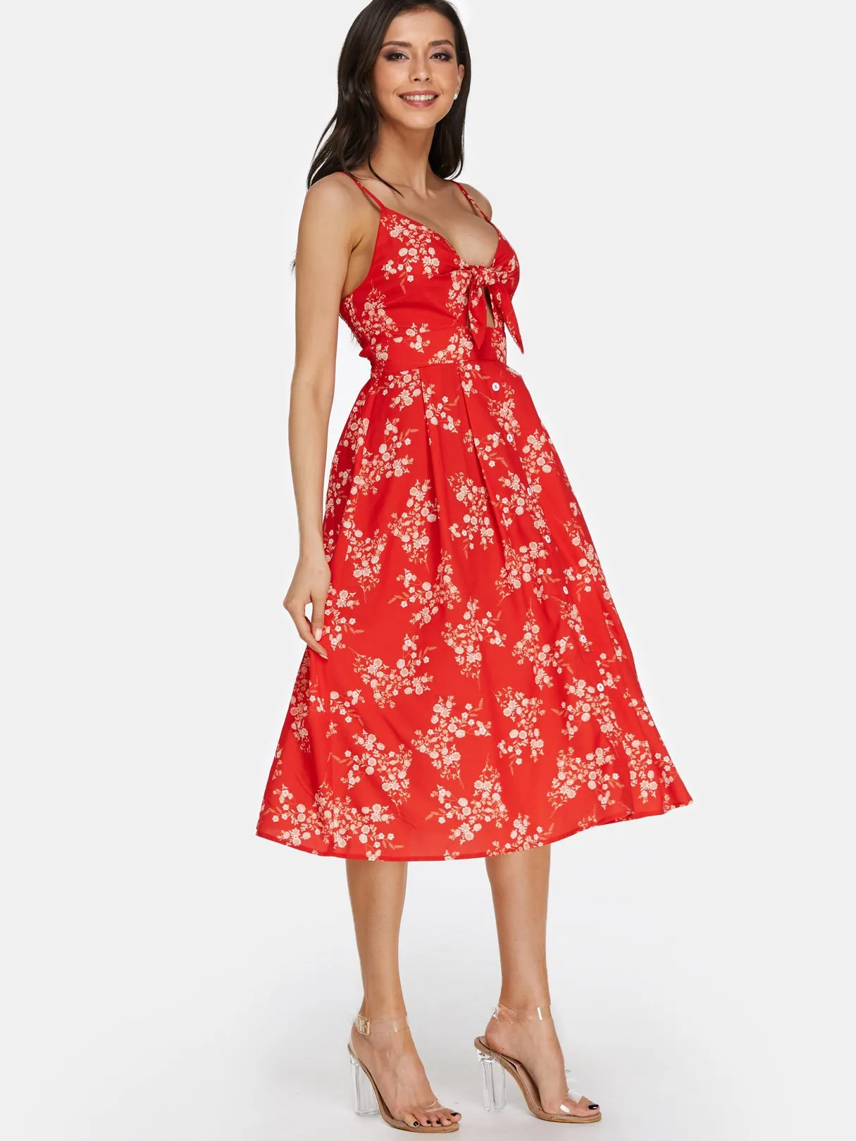 Wholesale Red V-Neck Sleeveless Floral Print Backless Lace-Up Dresses