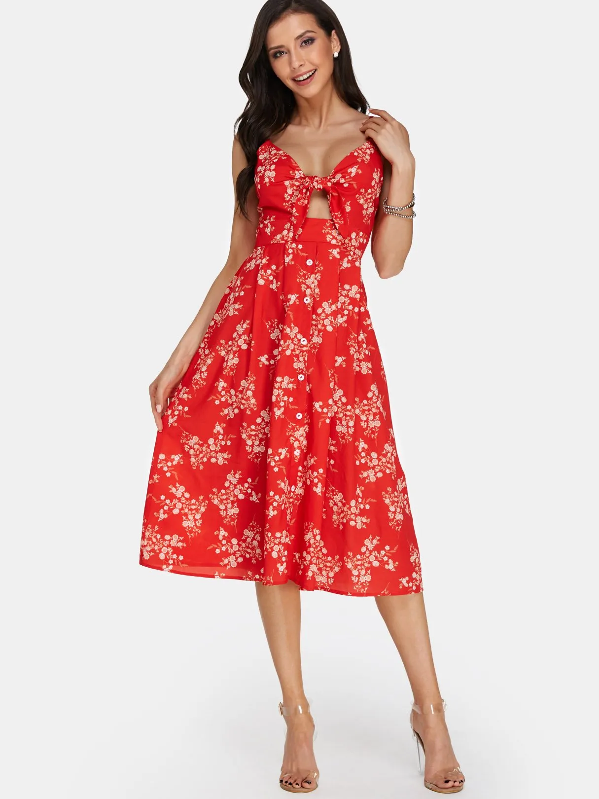 Wholesale Red V-Neck Sleeveless Floral Print Backless Lace-Up Dresses