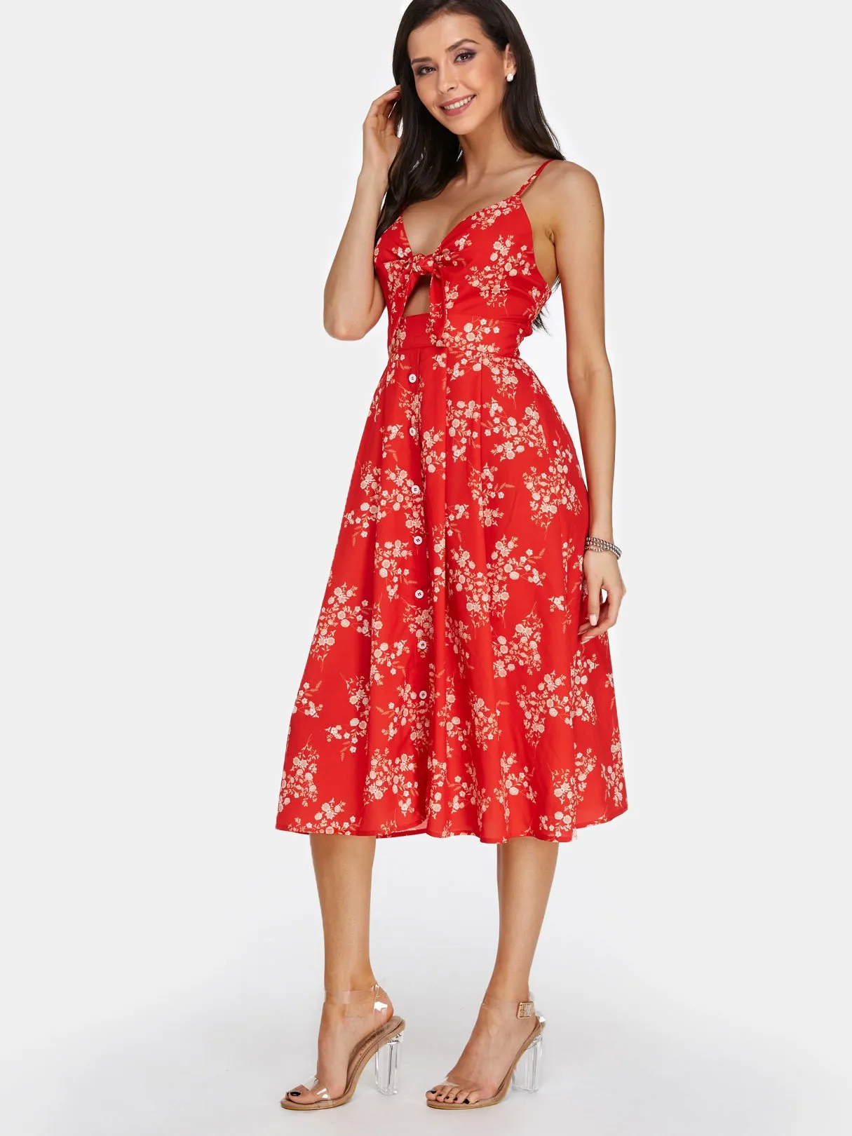 Wholesale Red V-Neck Sleeveless Floral Print Backless Lace-Up Dresses