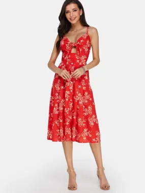 Wholesale Red V-Neck Sleeveless Floral Print Backless Lace-Up Dresses