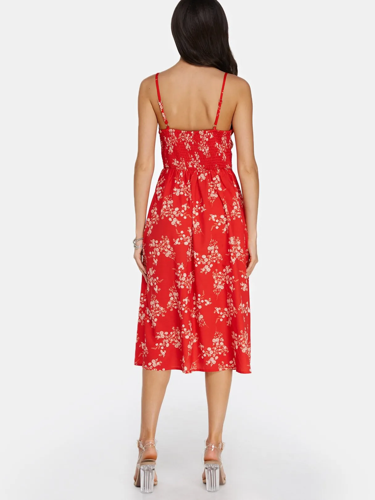 Wholesale Red V-Neck Sleeveless Floral Print Backless Lace-Up Dresses