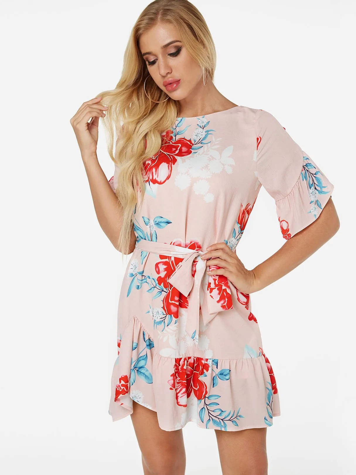 Wholesale Round Neck Short Sleeve Floral Print Self-Tie Flounced Hem Dresses