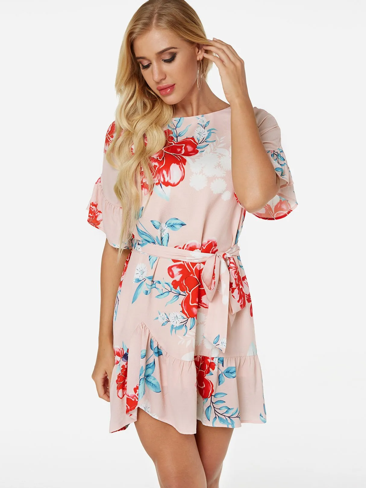 Wholesale Round Neck Short Sleeve Floral Print Self-Tie Flounced Hem Dresses