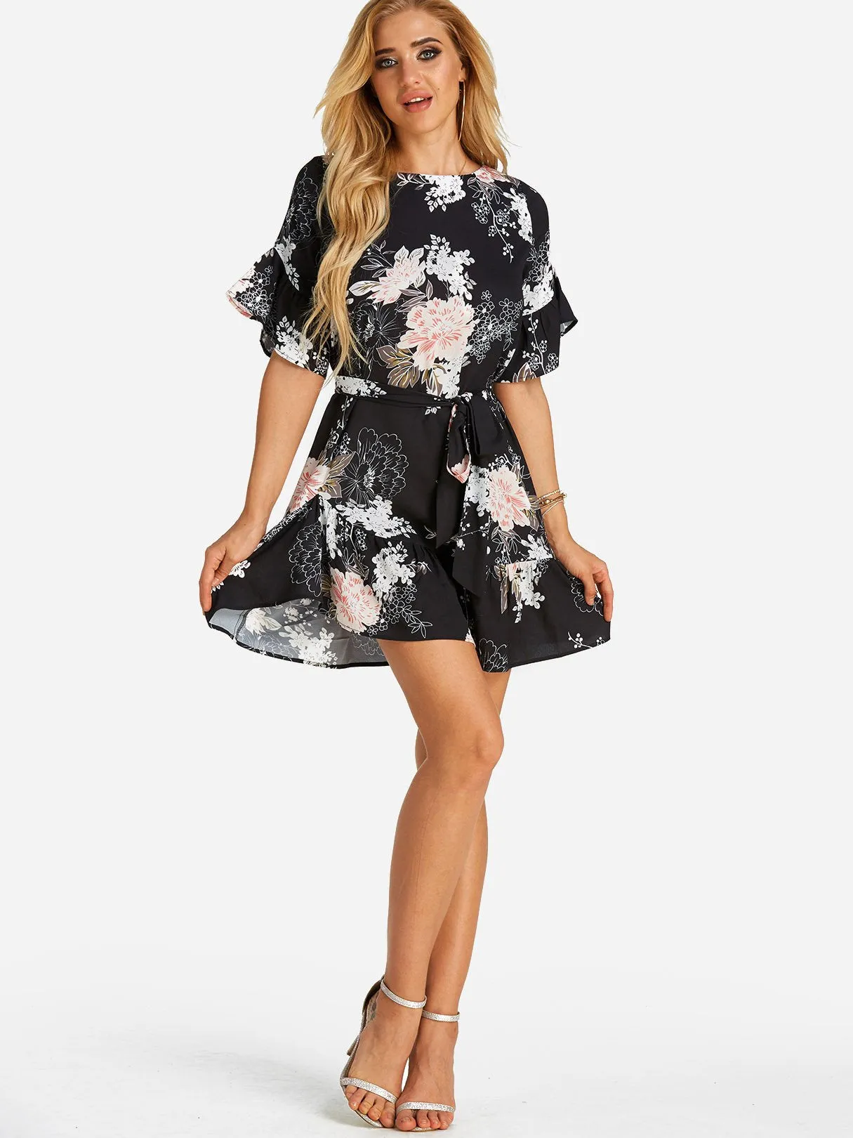 Wholesale Round Neck Short Sleeve Floral Print Self-Tie Flounced Hem Dresses