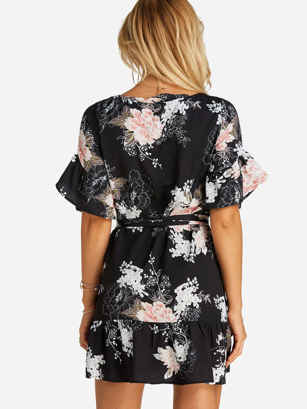 Wholesale Round Neck Short Sleeve Floral Print Self-Tie Flounced Hem Dresses