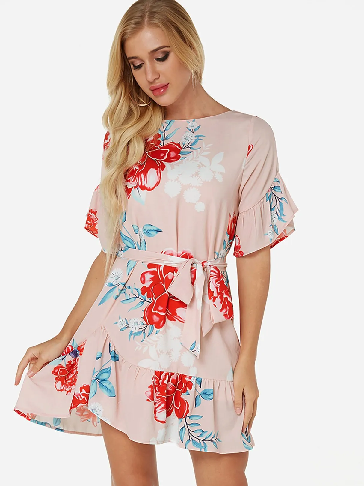 Wholesale Round Neck Short Sleeve Floral Print Self-Tie Flounced Hem Dresses