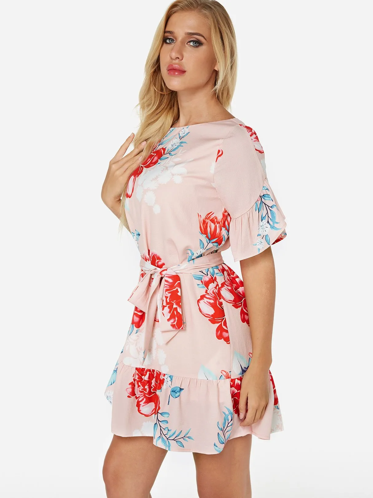 Wholesale Round Neck Short Sleeve Floral Print Self-Tie Flounced Hem Dresses