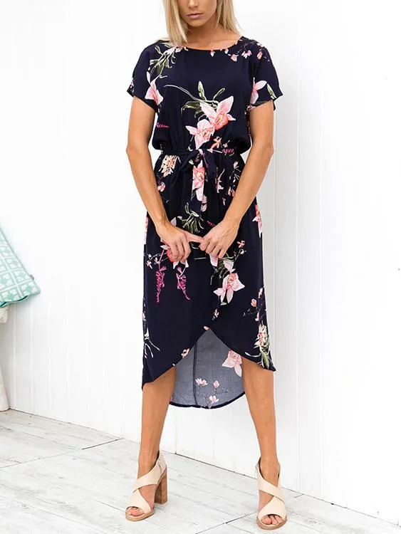 Wholesale Round Neck Short Sleeve Floral Print Slit Dresses