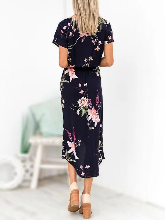 Wholesale Round Neck Short Sleeve Floral Print Slit Dresses