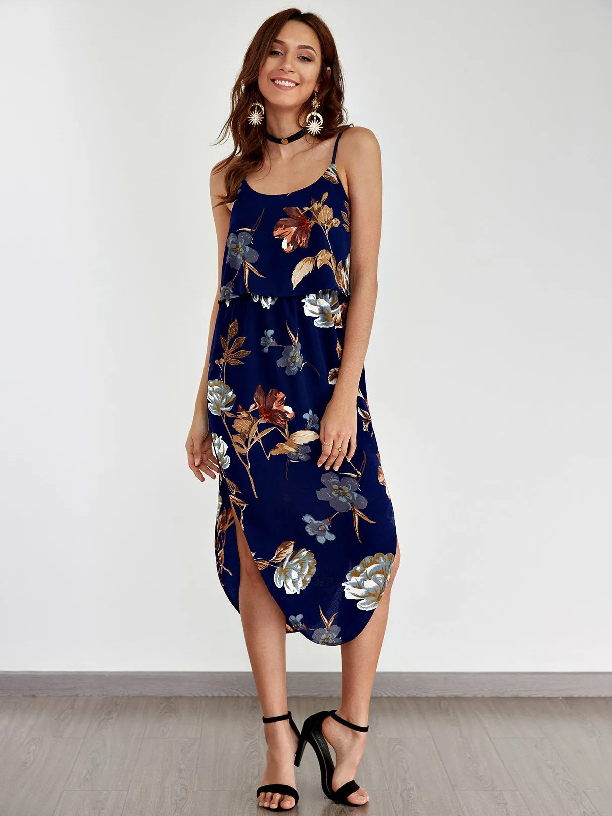 Wholesale Round Neck Sleeveless Floral Print Spaghetti Strap Slit Hem Dresses