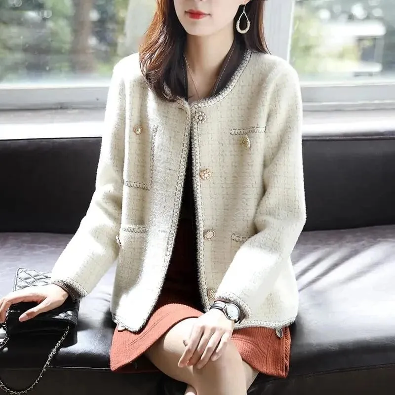 Women Elegant Faux Mink Cashmere Sweater Vintage Luxury Design